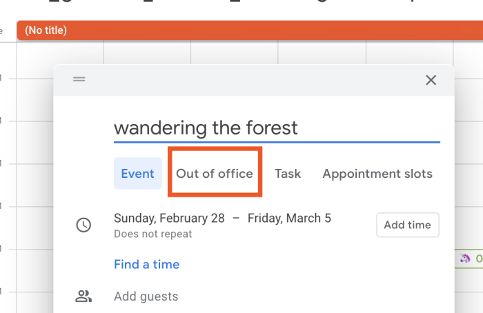 Setting up an out of office event in Google Calendar