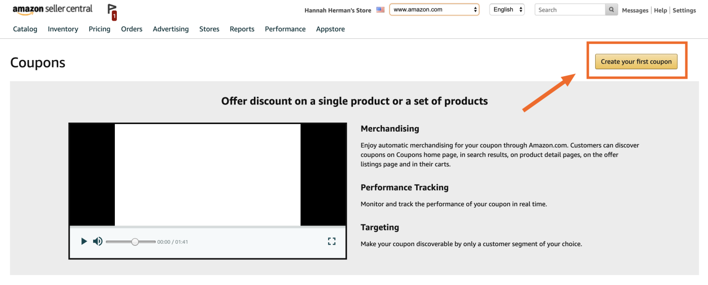 Navigating to coupon creation on Amazon Seller Central