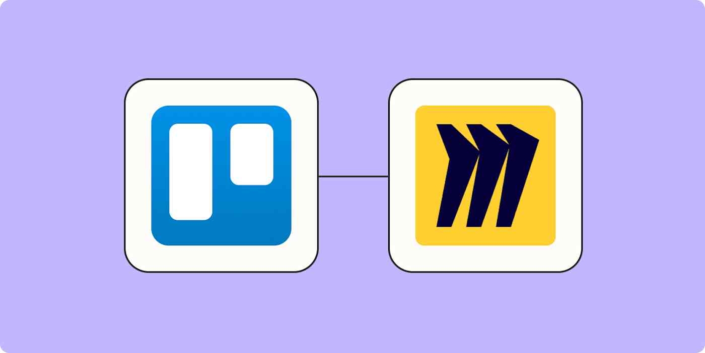 A hero image of the Trello app logo connected to the Miro app logo on a light purple background.