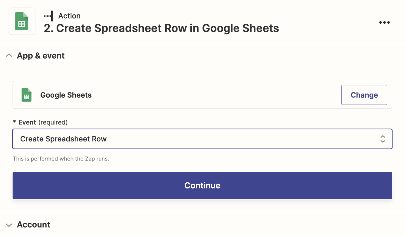 Screenshot of a Google Sheets action step in the Zapier editor.