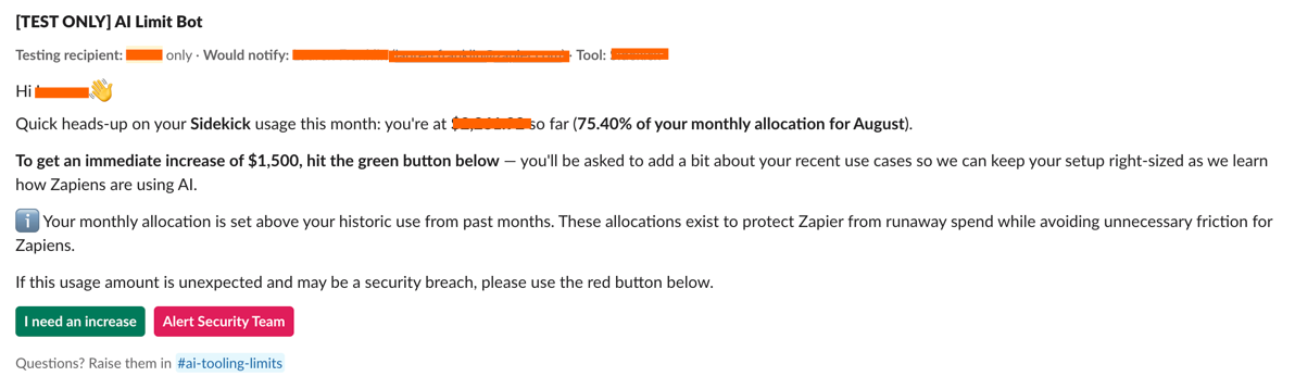 Slack message from Zapier's AI Limit Bot.