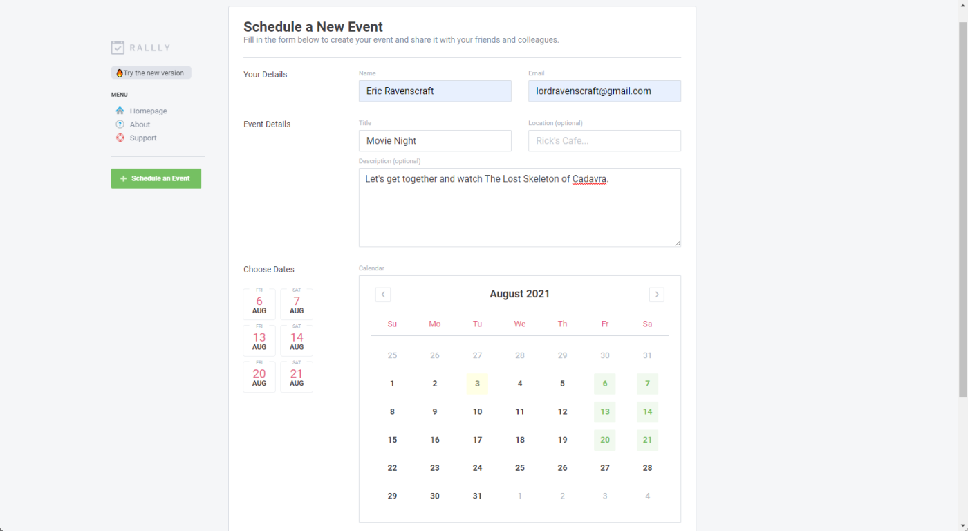 The interface for Rallly, our pick for the best free meeting scheduler for quickly picking a date.