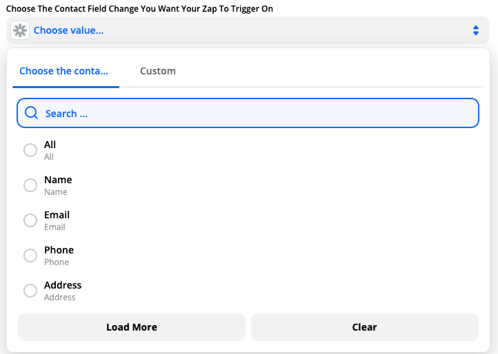 Set-up page to "Choose the contact field change you want your Zap to trigger on"