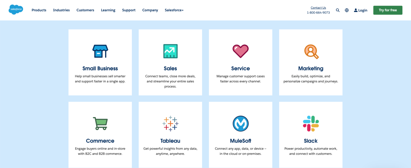 Screenshot of the products available in Salesforce.