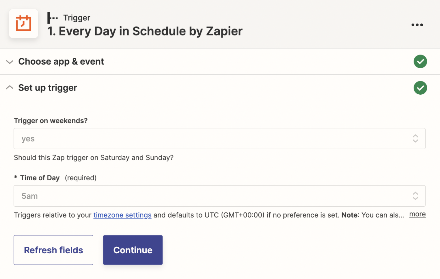 A trigger step in the Zapier editor with fields to customize the Schedule by Zapier trigger.