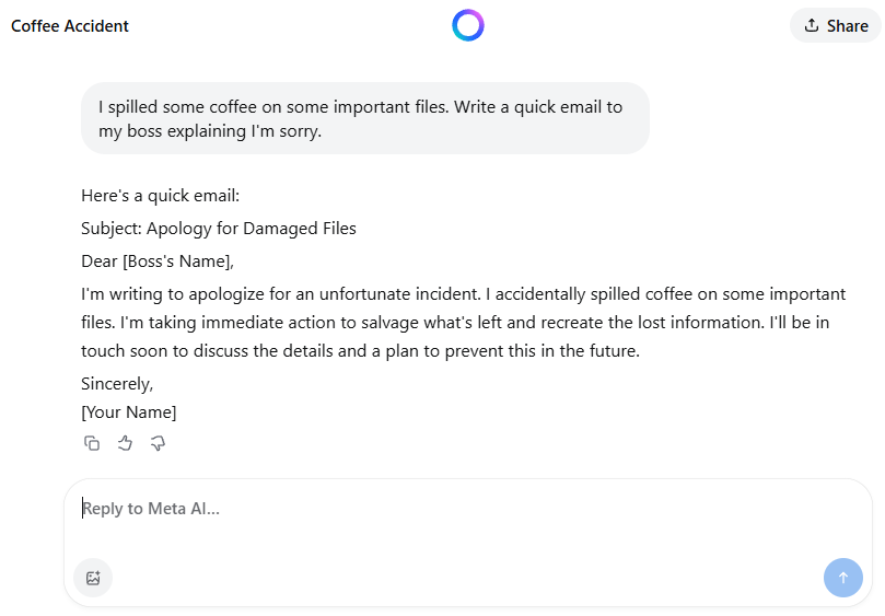 Meta AI writing an email