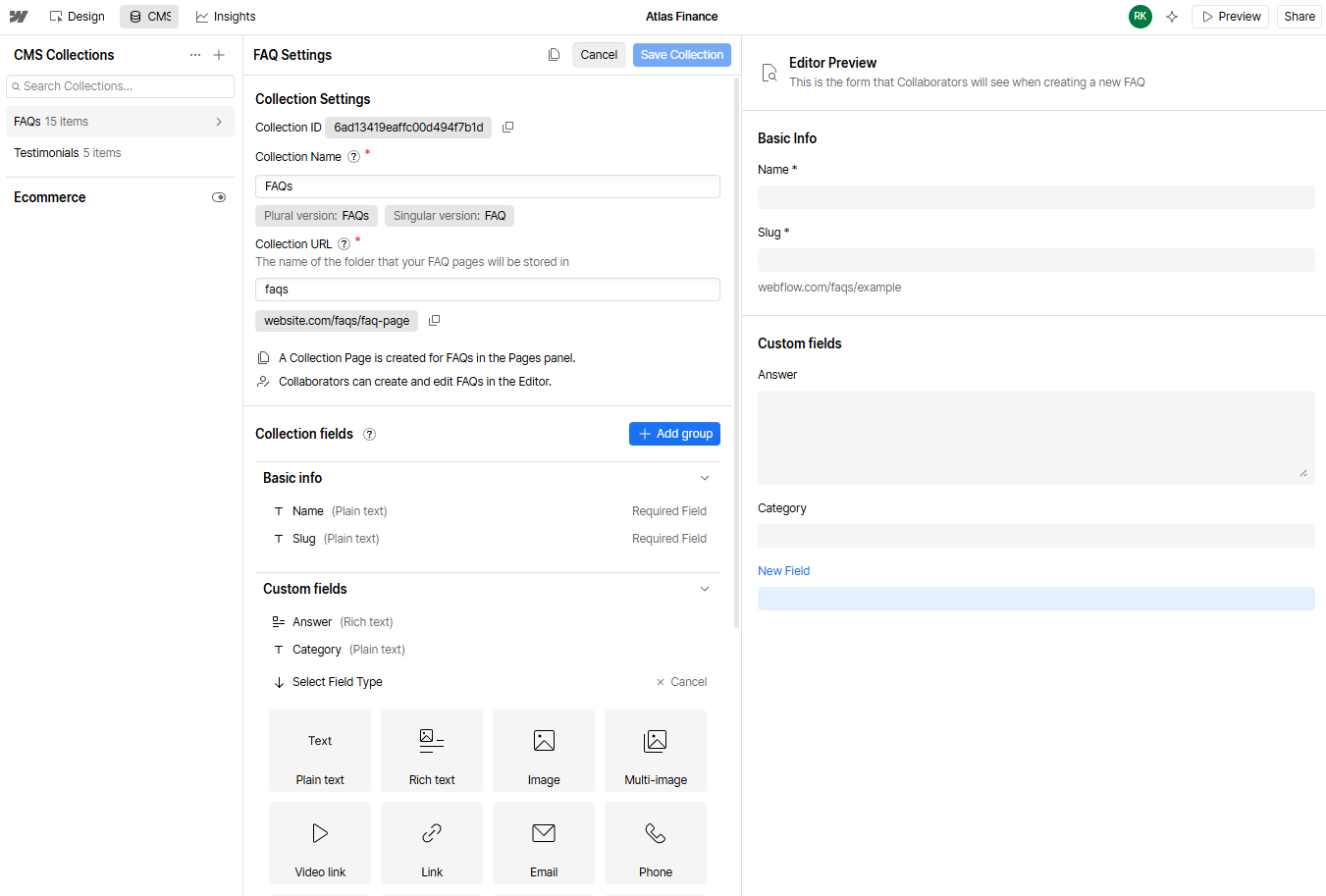 Webflow field types in the CMS Collections area