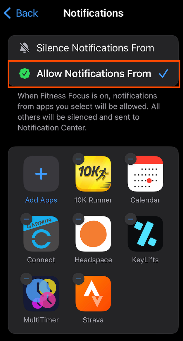 Select the apps allowed to send notifications during a focus. 