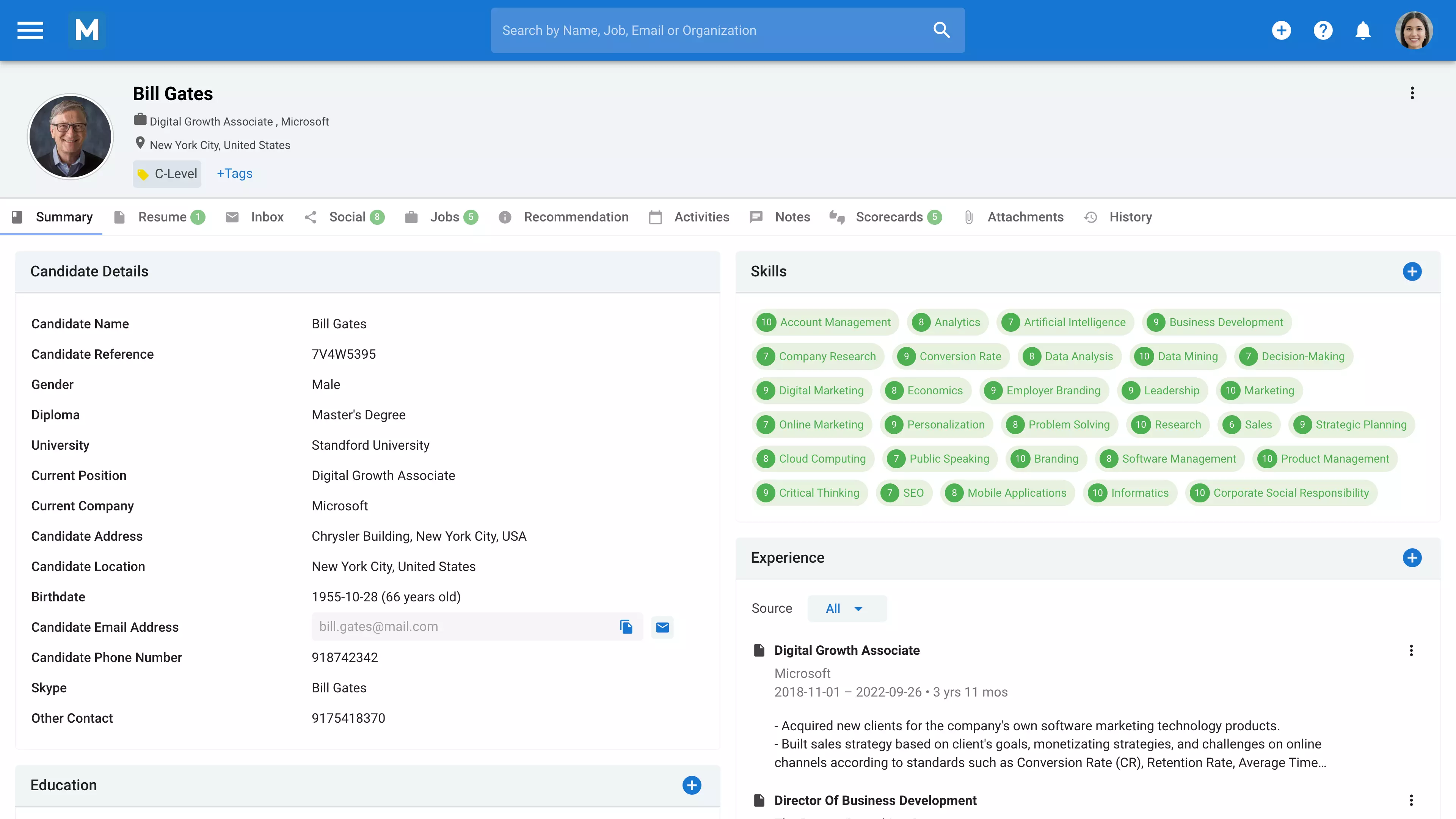 Manatal recruitment dashboard displaying a candidate evaluation for Bill Gates.