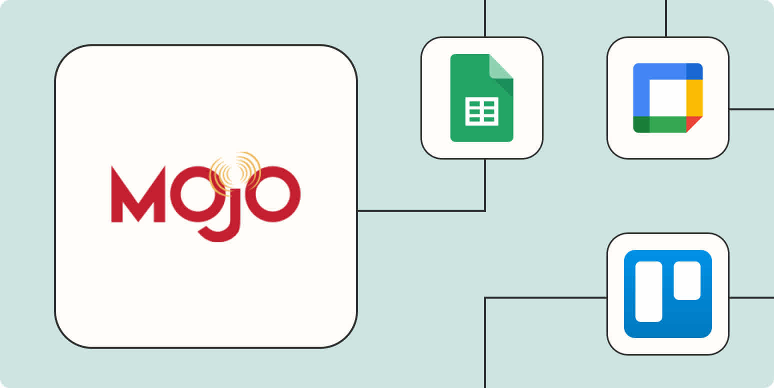 A hero image of the Mojo app logo connected to other app logos on a light blue background.