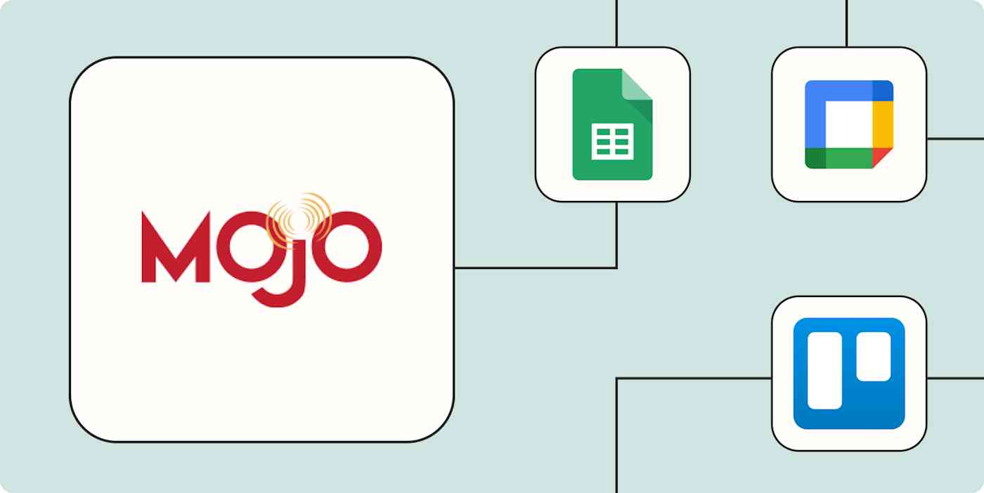 A hero image of the Mojo app logo connected to other app logos on a light blue background.
