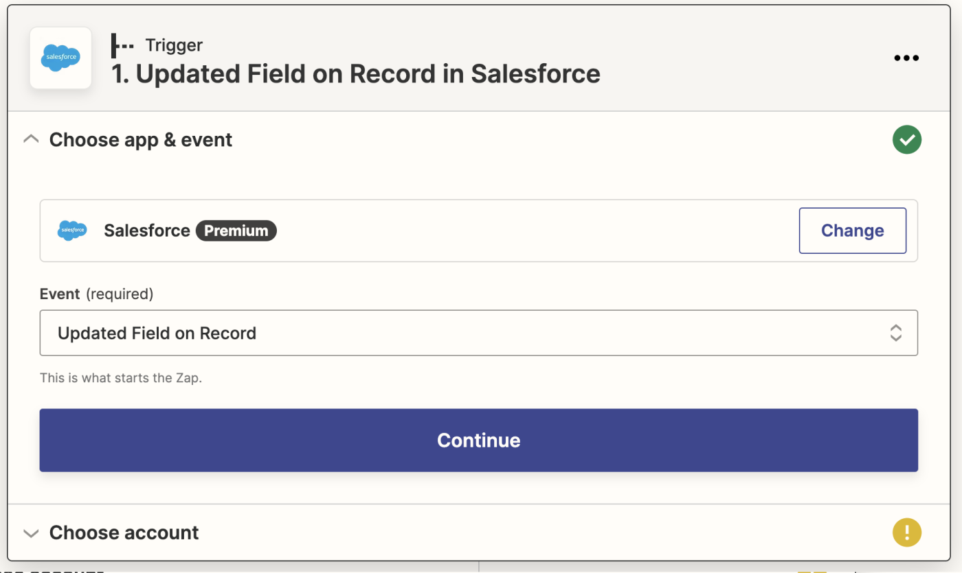 Salesforce app logo above a field labeled Event with Updated Field on Record selected in the field.