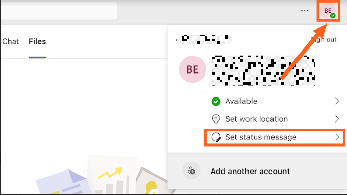 Screenshot of Microsoft Teams with profile image menu opened.