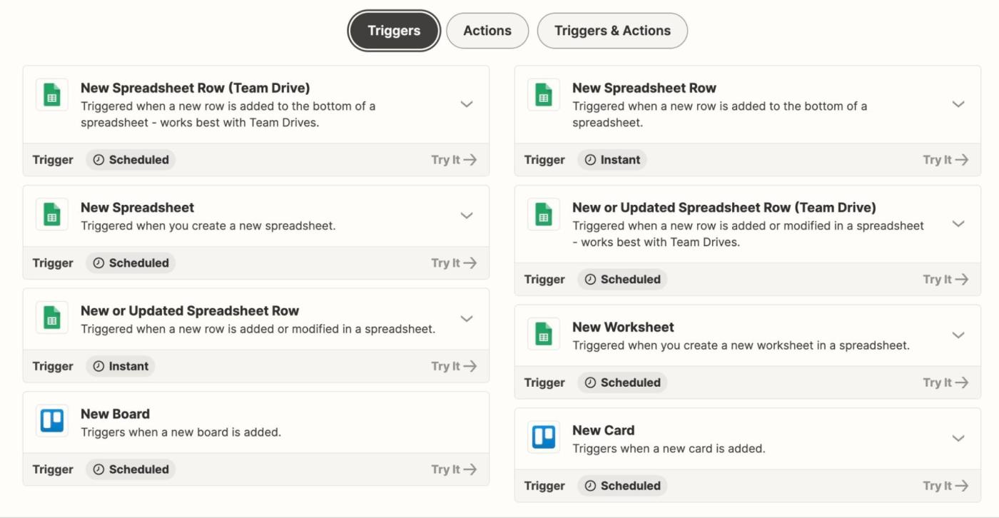 Triggers and actions from Zapier's Google Sheets and Trello integrations page