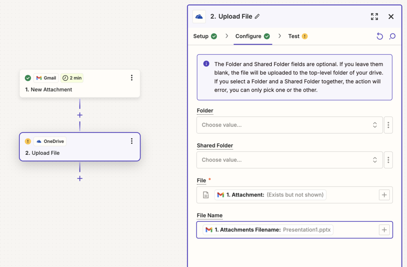 In Zapier editor, set up an action step in OneDrive that saves new attachments from Gmail.