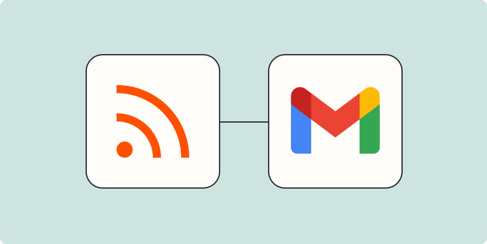 A hero image of an RSS feed icon connected to the Gmail app logo on a light blue background.