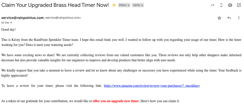 Screenshot of an email from RainPoint asking the recipient to leave a review in exchange for an upgraded product
