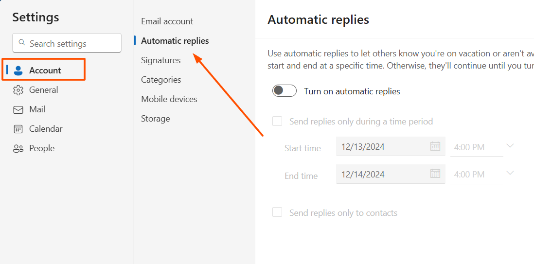 Screenshot of automatic replies option in Outlook 