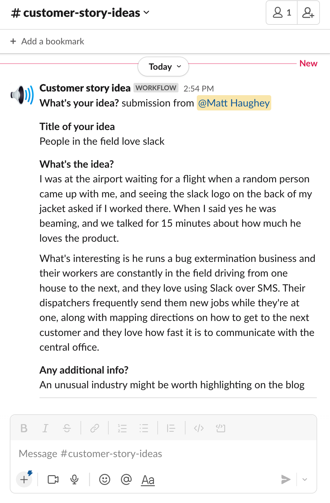 A customer story idea submitted through a Slack workflow