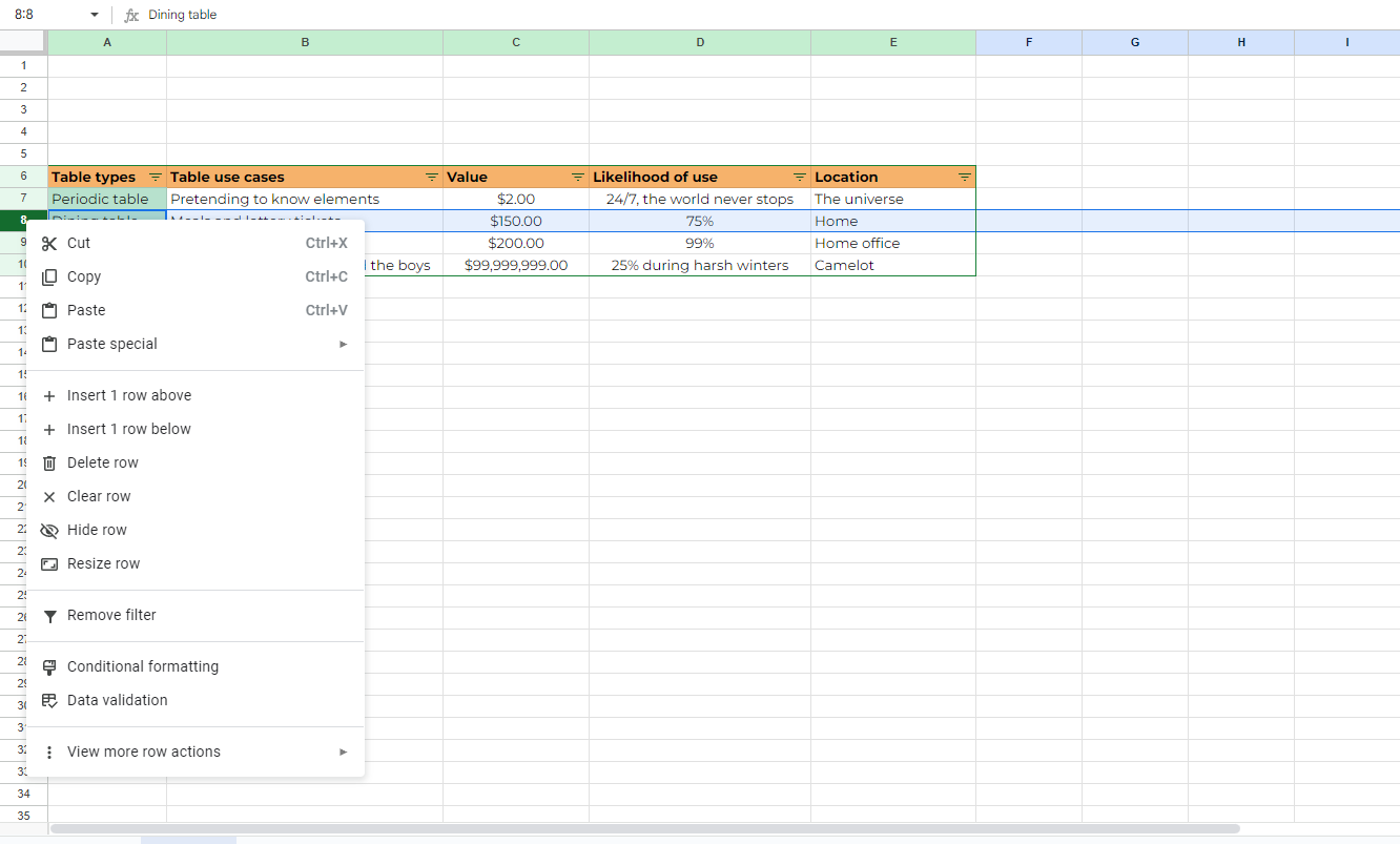 Screenshot showcasing how to add a row to a table in Google Sheets