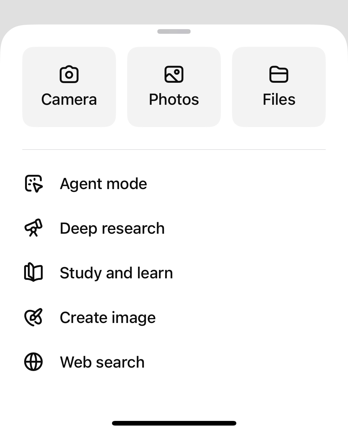 ChatGPT message bar with an expanded view of the plus icon menu. 