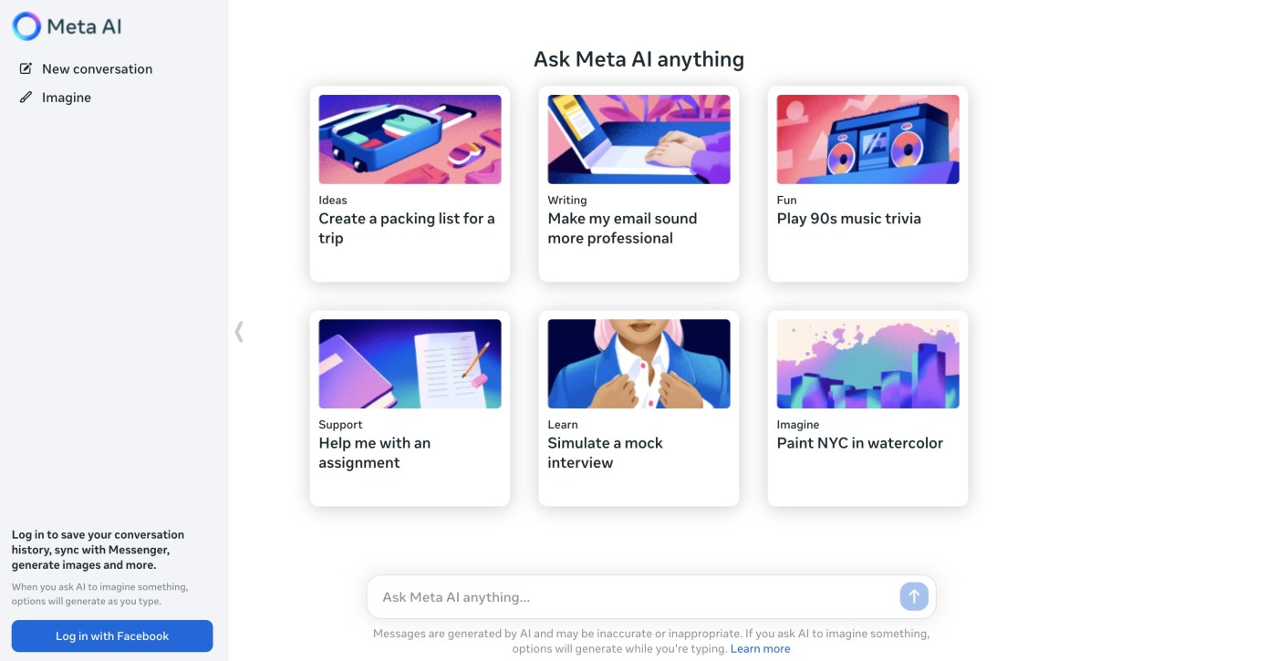 The Meta AI chat home page