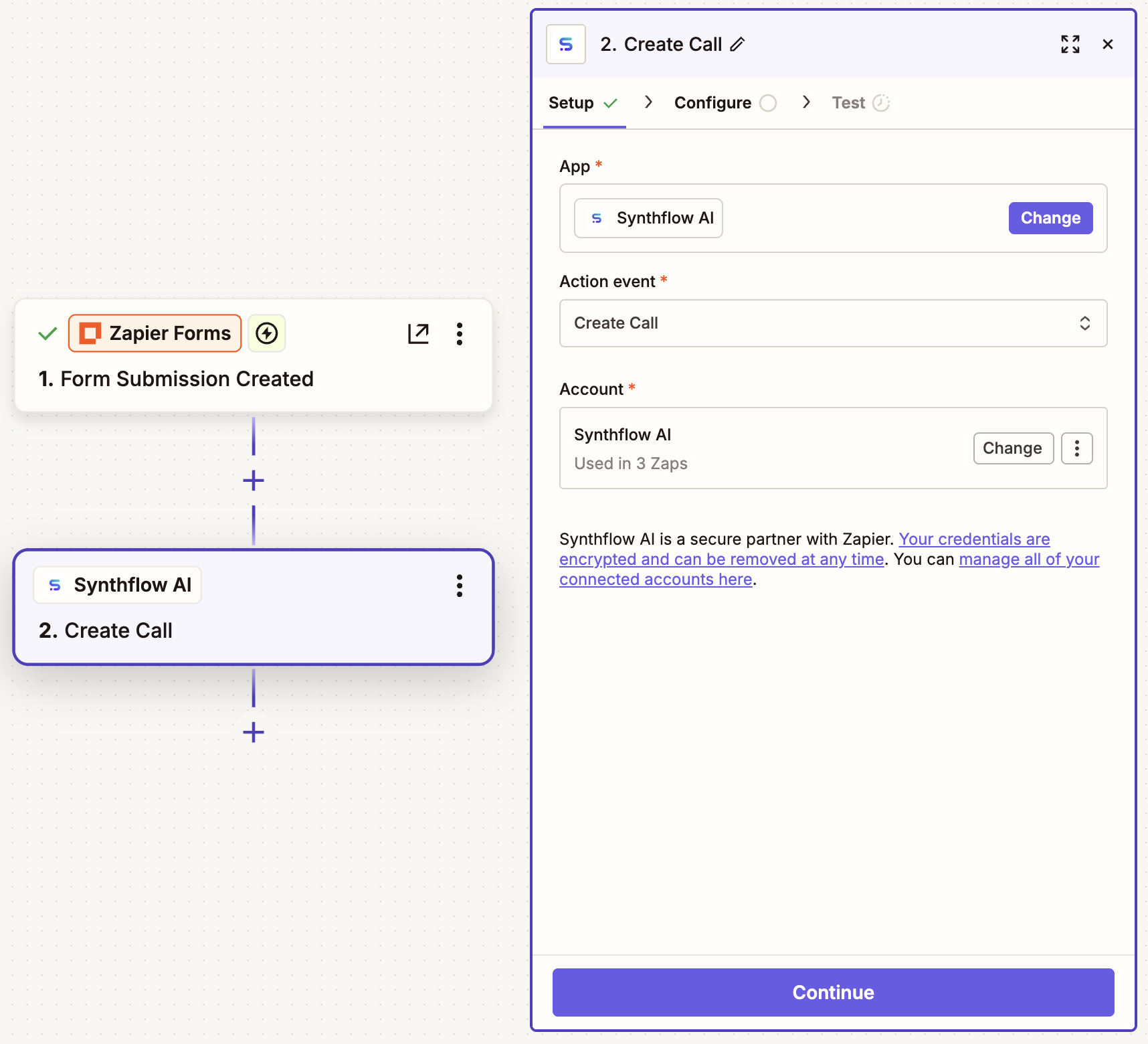 The setup for a Synthflow AI action step in the Zap editor