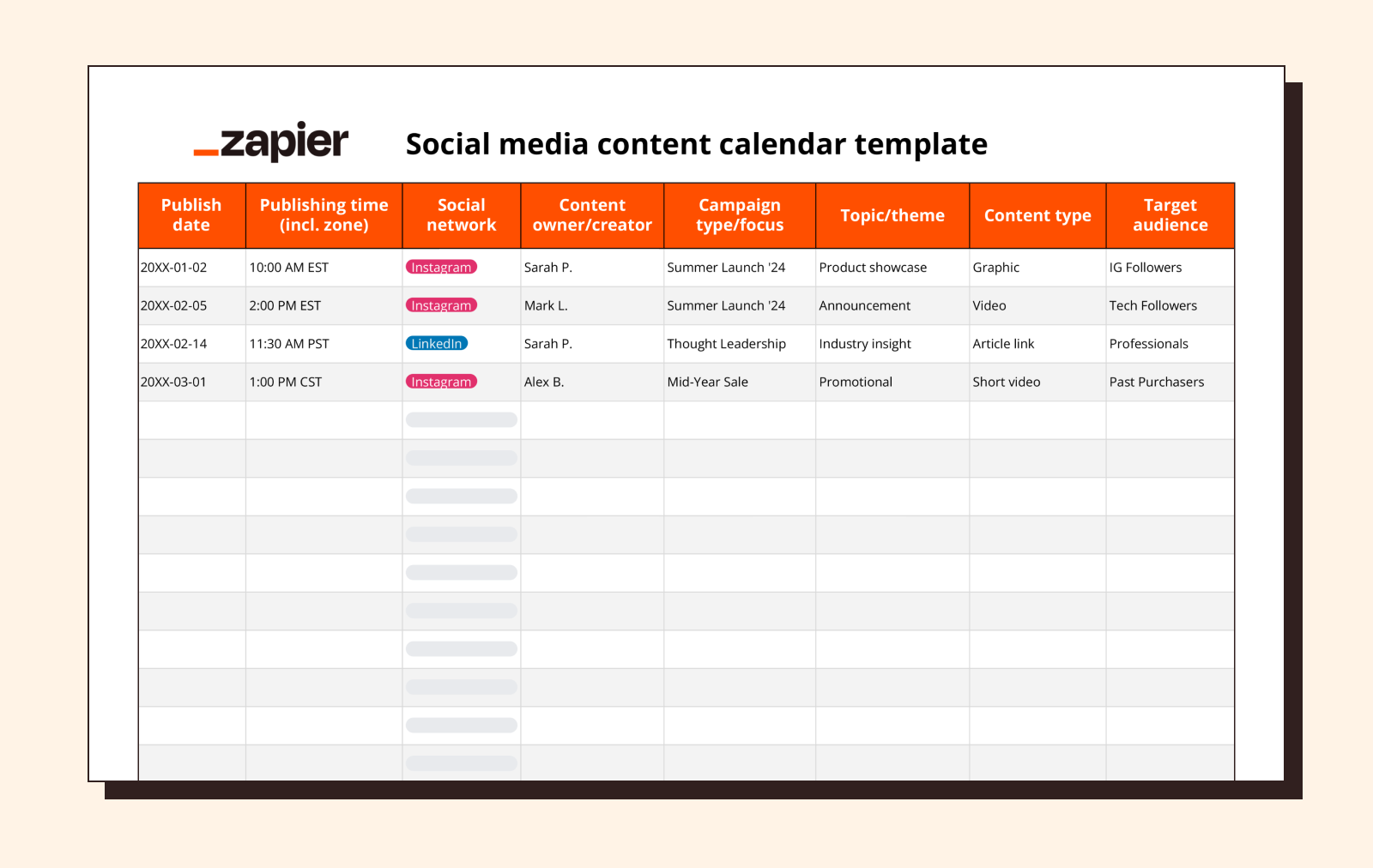 Screenshot of Zapier's social media content calendar template
