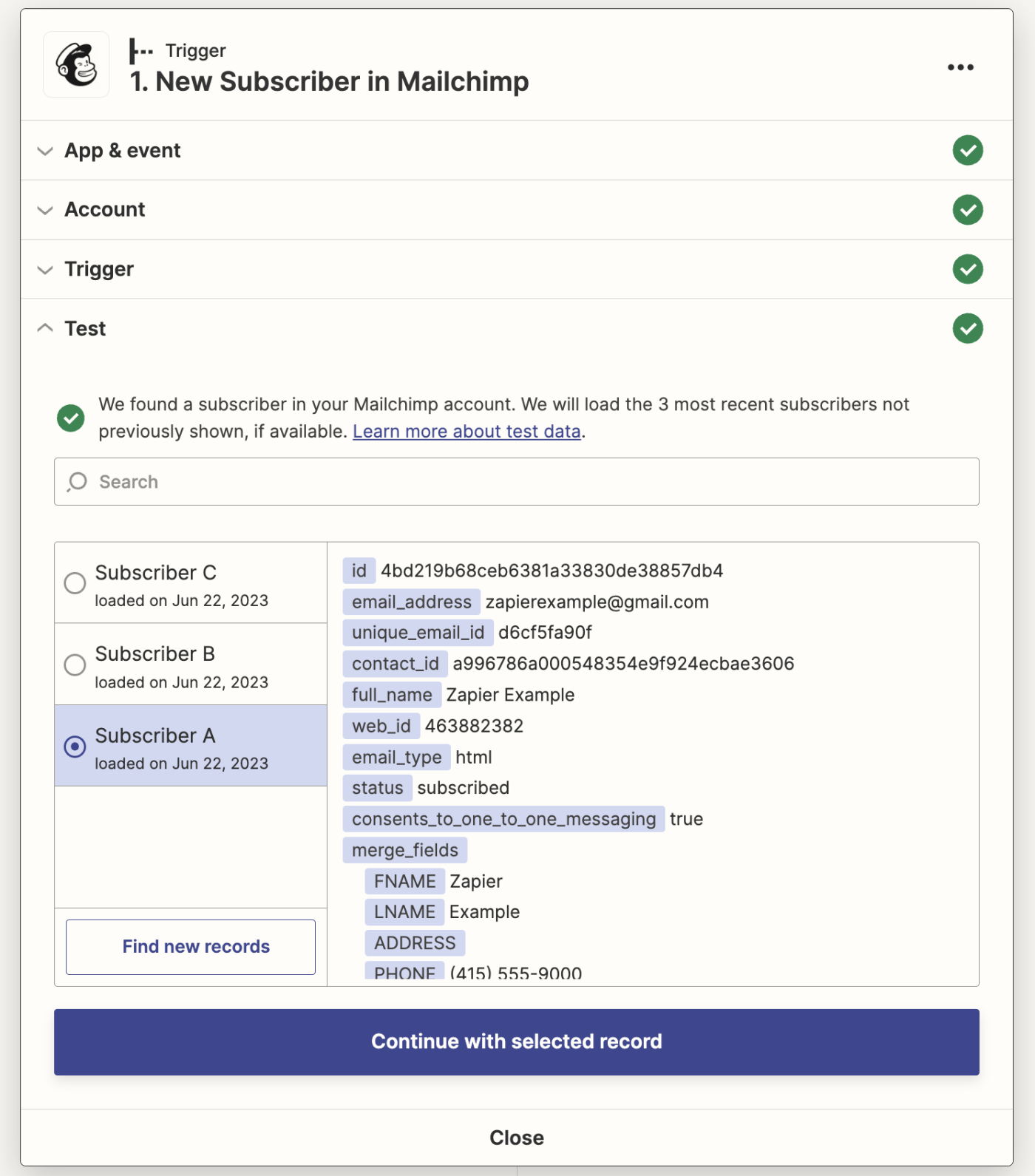 Test data for a Mailchimp trigger step in the Zap editor.