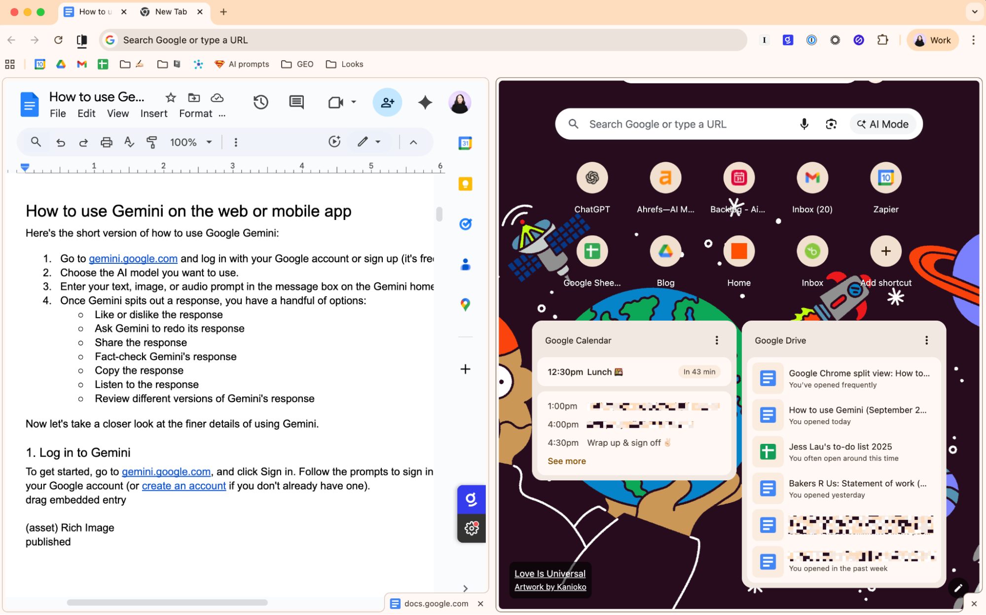 Split screen in Chrome with an empty pane on the right. 