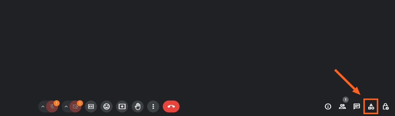Screenshot of where to find the Activities menu in Google Meet, with an orange box and an arrow pointing to the icon in the bottom right corner