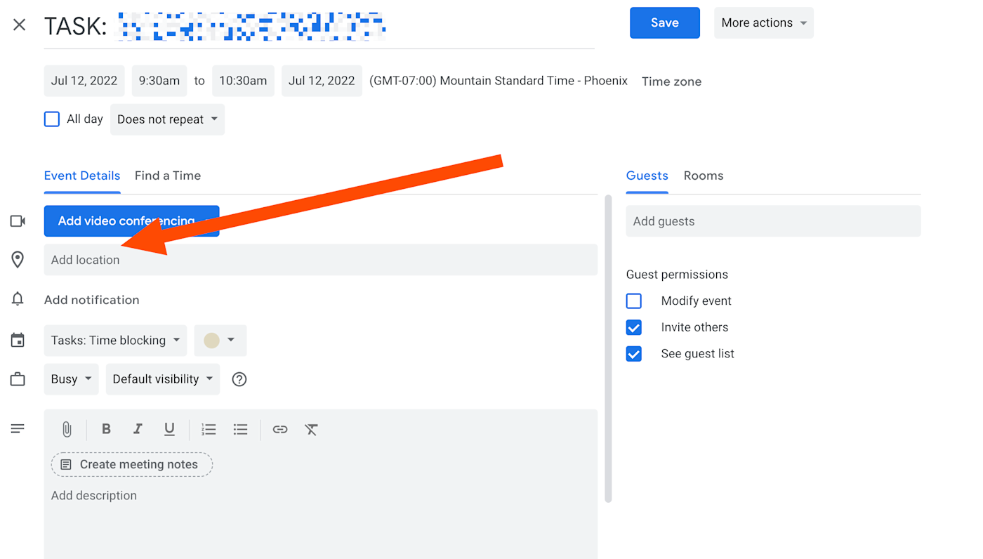 An orange arrow pointing to "Add Location" in a field.