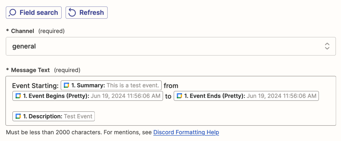 An action step in the Zap editor with the message field filled out with details from a Google Calendar event.
