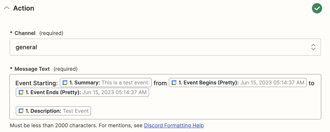 An action step in the Zap editor with the message field filled out with details from a Google Calendar event.
