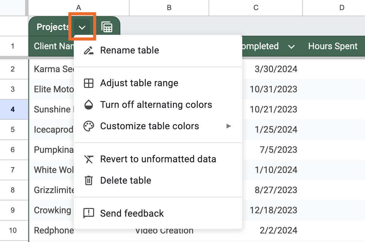 Expanded view of a table menu in Google Sheets.