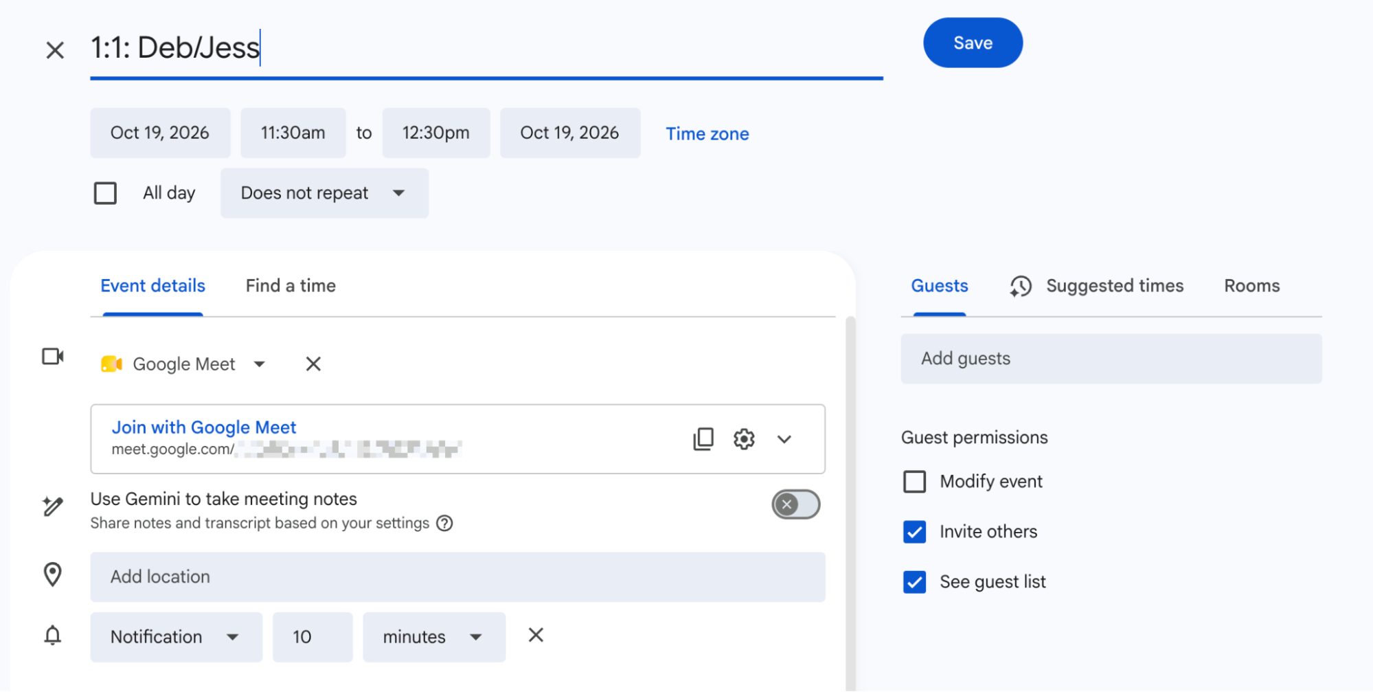 New Google Calendar event with a Google Meet meeting link included in the event description.