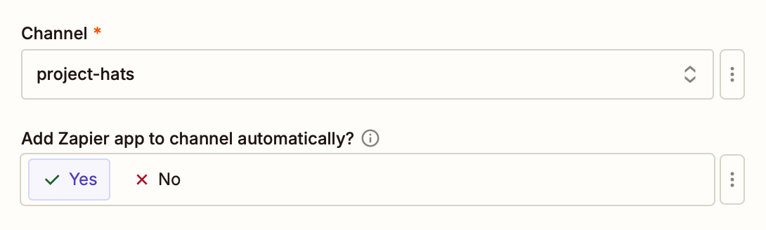 A window with a field to select a channel, plus a question asking whether the user wants to add the Zapier app to the channel automatically