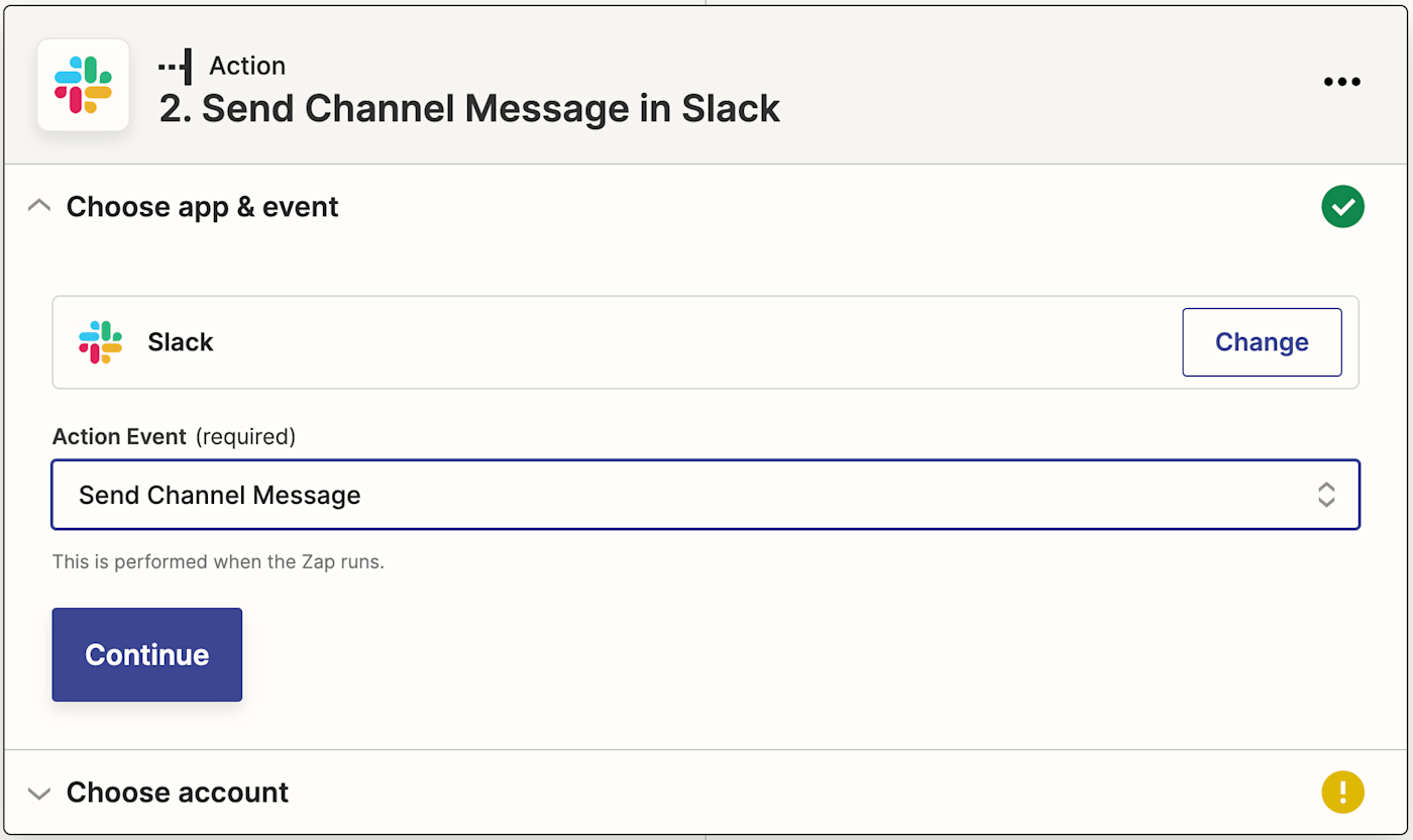 The Slack app logo next to the text "Send Channel Message in Slack" with "Send Channel Message" selected under Action Event.