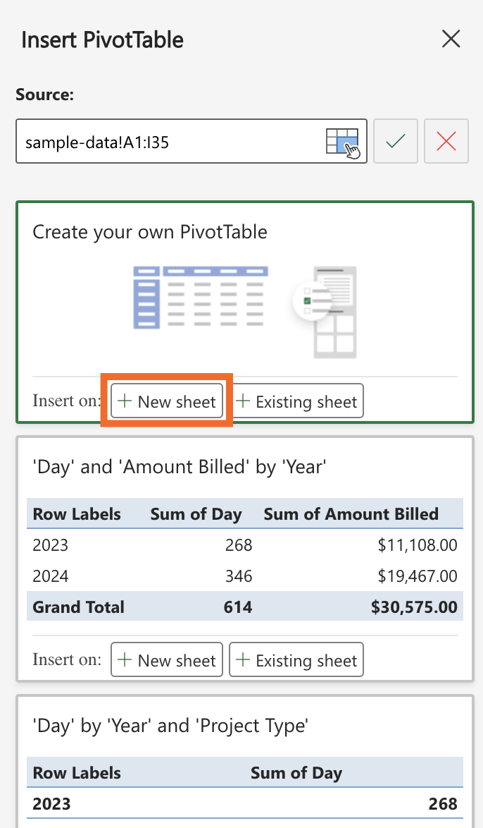 In the pivot table creation sidebar, choose +New sheet under Create your own PivotTable.