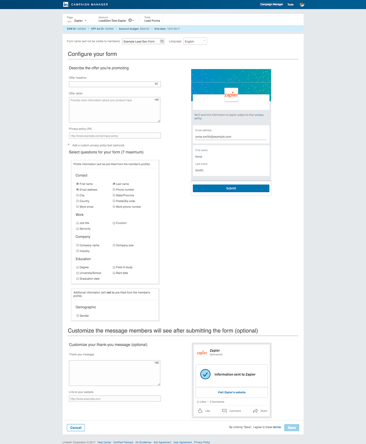 LinkedIn Lead Gen Form Creator