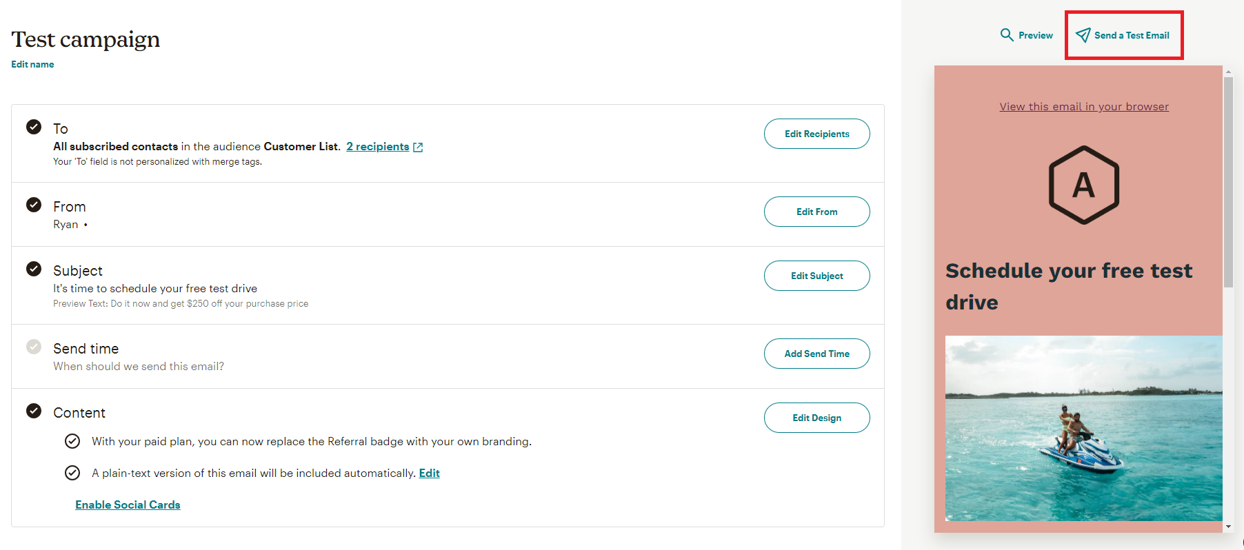 The Send a Test Email button in Mailchimp