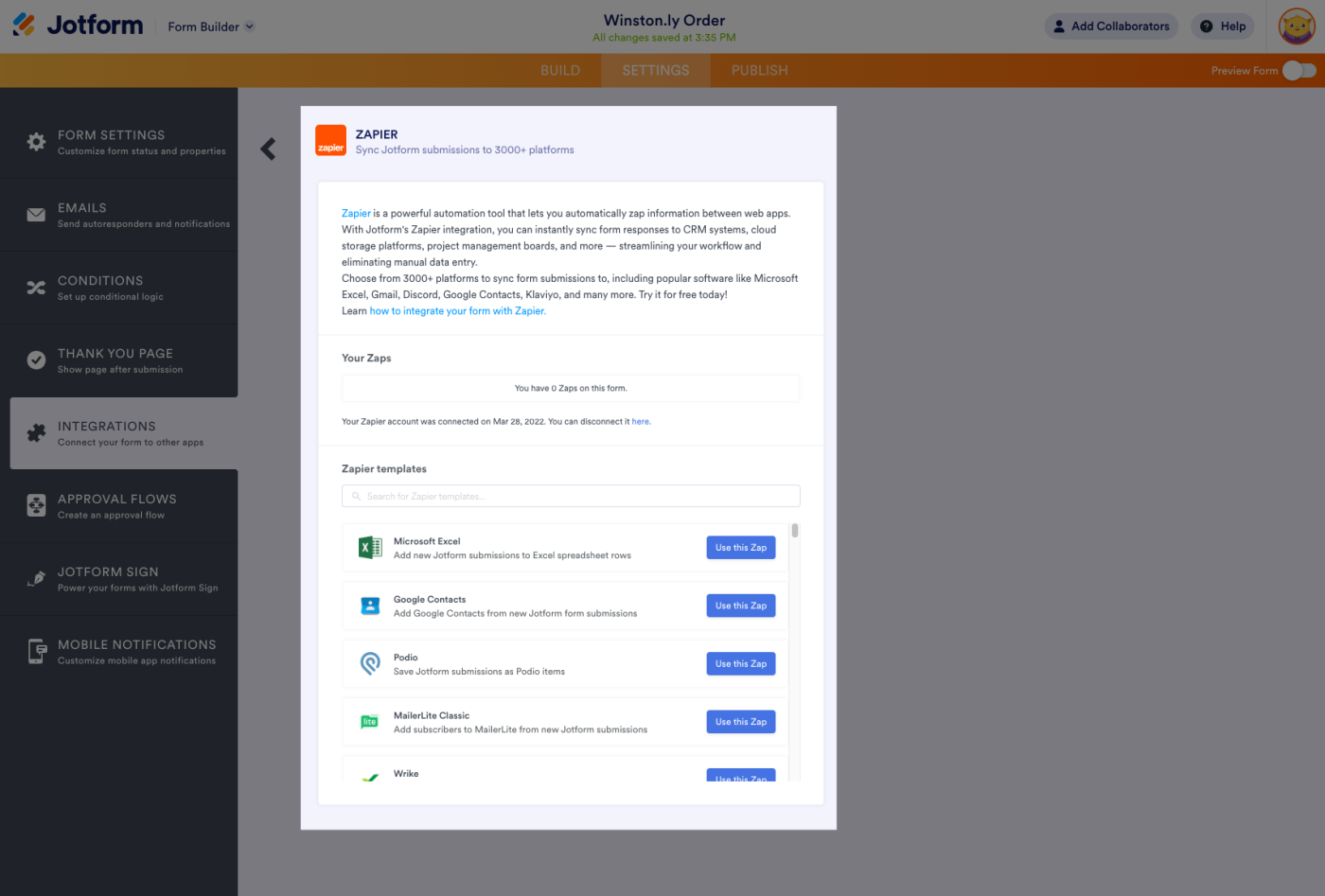 Once Jotform users click on Zapier from the integration tab of the form builder, the Zapier embed lets users connect their account, explore templates, and build Zaps.