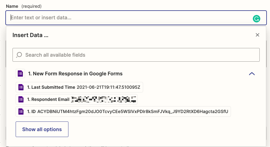 Field mapping in the Zap editor. A dropdown menu shows Google Forms information from the trigger.