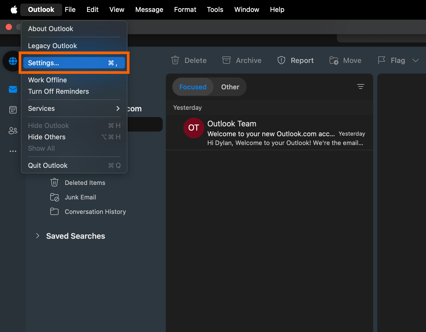 Screenshot of where to find the Settings menu in Outlook 