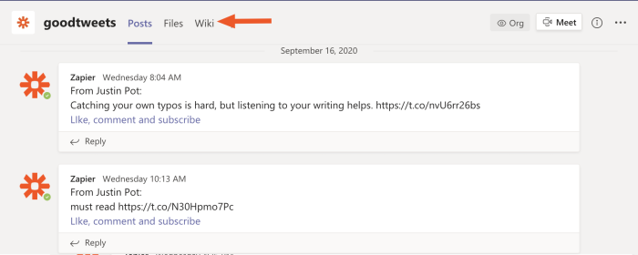 Encuentre la wiki en Microsoft Teams
