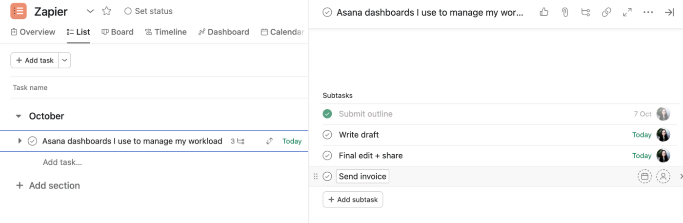 The Project list view in Asana