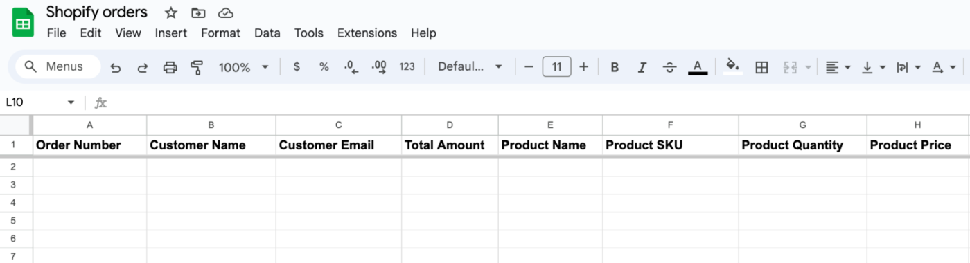 Blank Google Sheet with columns for Shopify data 