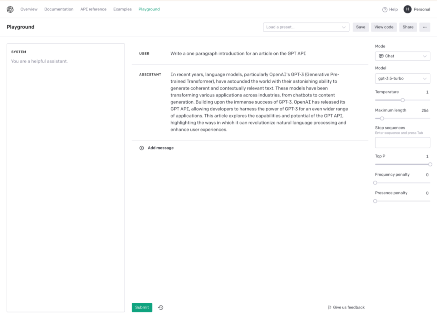 The System message in the OpenAI playground