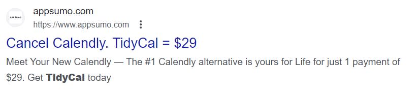 An AppSumo ad that says "Cancel Calendly. TidyCal = $29."