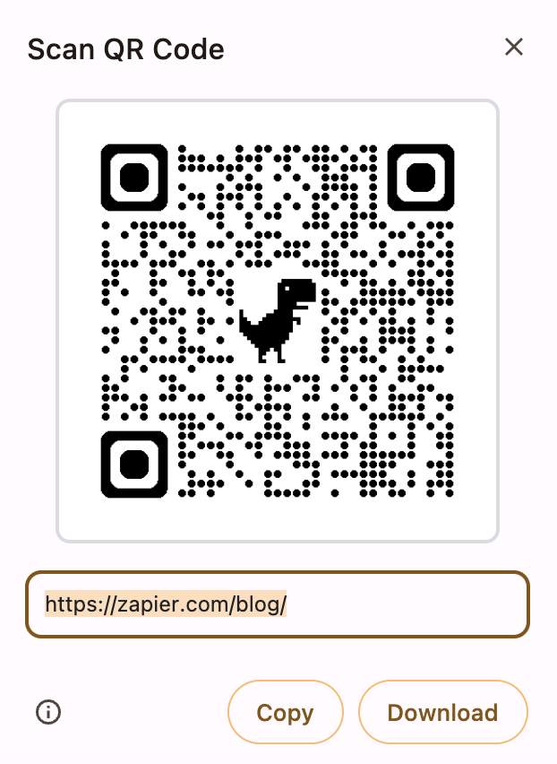 Example of a QR code generated via Google Chrome. The QR code is a random pattern of black and white squares with a dinosaur in the centre.